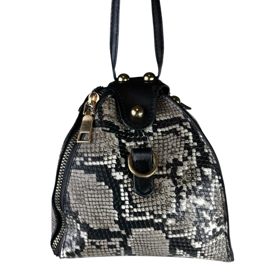 Stylish Mini Bag Black and Gray Snake Print Purse Side Zip Triangle Structured